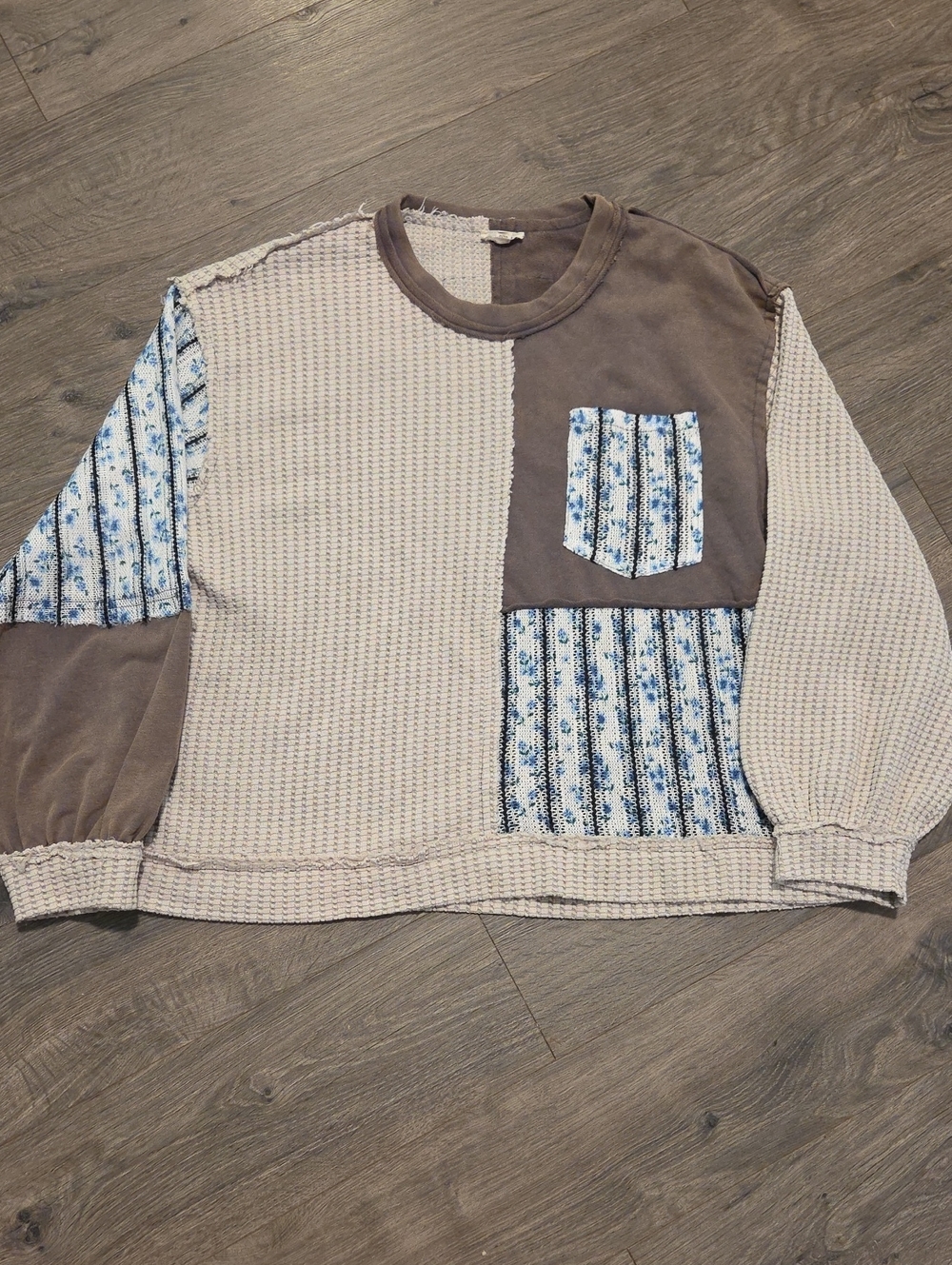 POL Mixed Media Floral Patchwork Waffle Knit Sweater